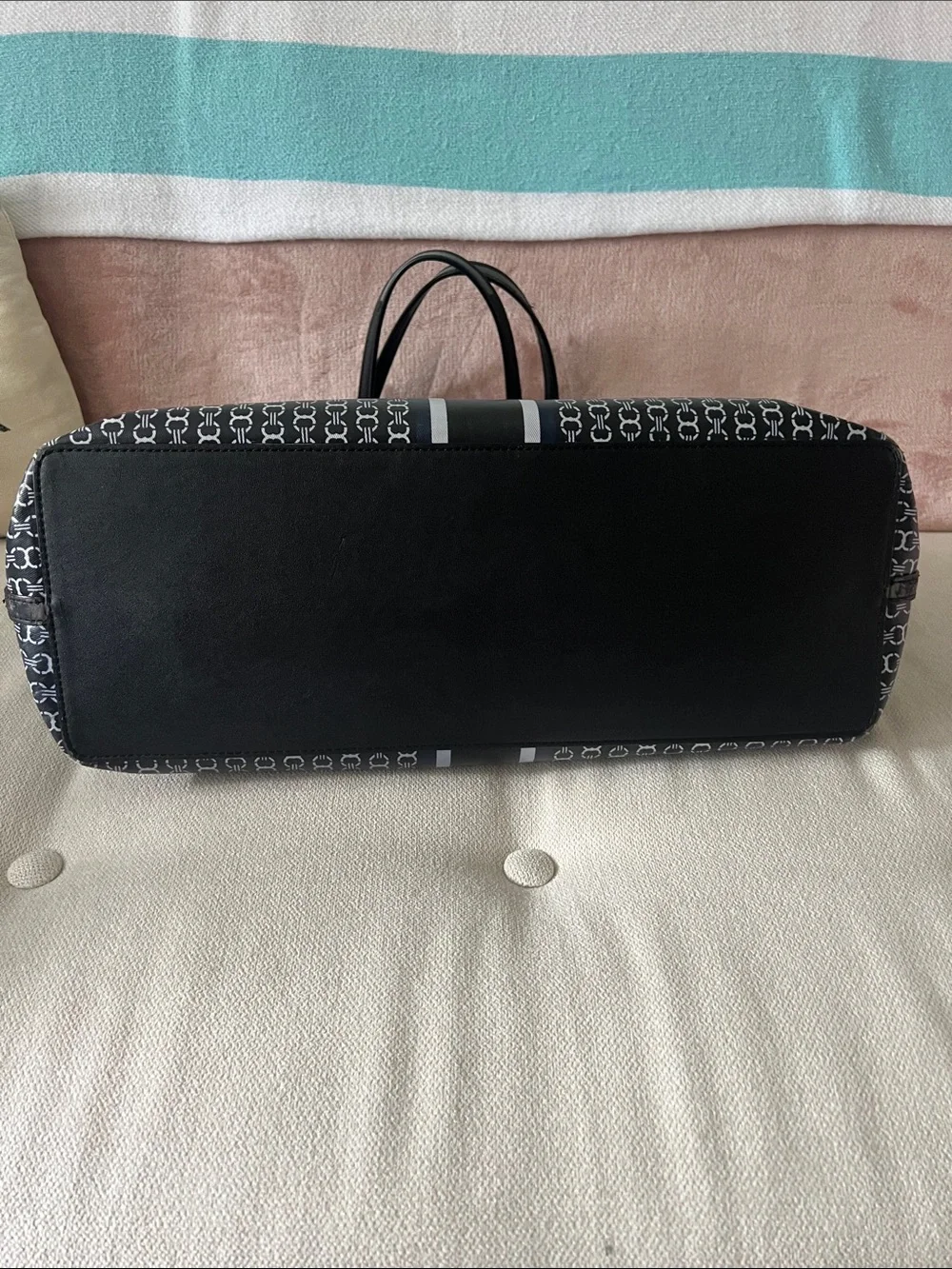 Tory Burch Black Monogram Stripe Tote with Center Plaque